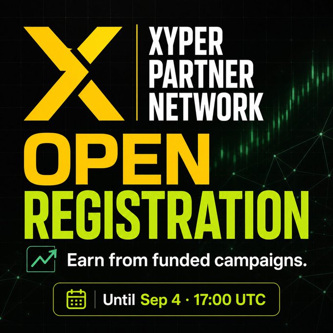 A promotional graphic for 'XYPER PARTNER NETWORK' featuring 'OPEN REGISTRATION' in large yellow-green letters, with the text 'Earn from funded campaigns' and a deadline of 'Until Sep 4 • 17:00 UTC'.