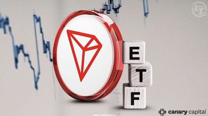 A promotional image showing a red and white TRON (TRX) logo coin next to wooden blocks spelling 'ETF', with 'canary capital' branding and a candlestick chart background.