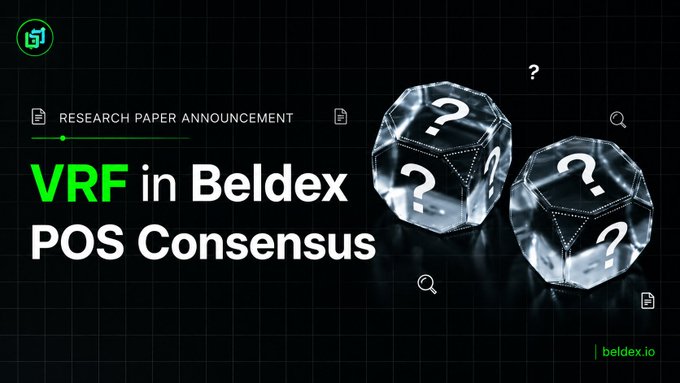 A research paper announcement banner reading 'VRF in Beldex POS Consensus' with the beldex.io branding and crystal/dice graphics featuring question marks.