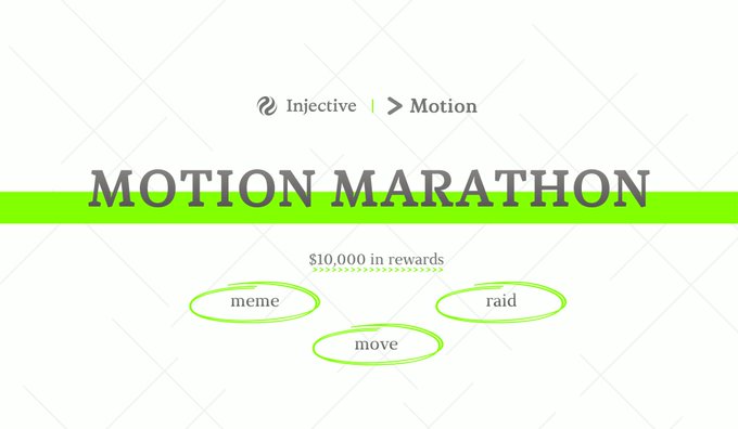 A promotional graphic for 'Injective > Motion' titled 'MOTION MARATHON' with '$10,000 in rewards', featuring the words 'meme', 'raid', and 'move' circled in bright green.