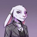A cartoon-style avatar of a character with white hair, pink bunny ears, purple eyes, and a dark suit against a purple background.