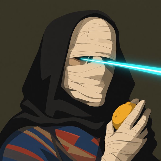 An anime-style illustration of a hooded, mummy-wrapped figure with glowing blue laser eyes, holding a small orange fruit, resembling a sci-fi villain.