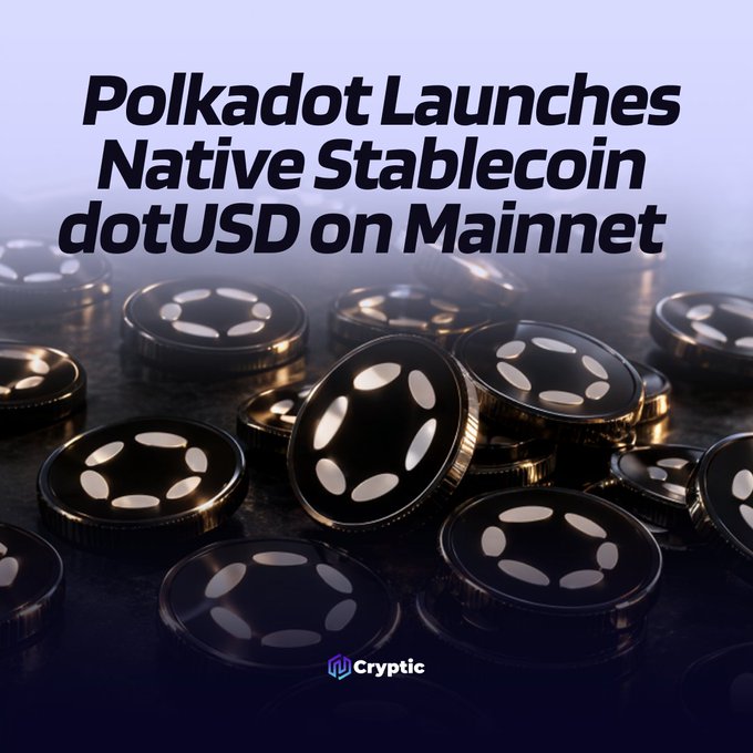A promotional graphic featuring scattered physical Polkadot tokens with the headline "Polkadot Launches Native Stablecoin dotUSD on Mainnet," visually representing the new community-governed dotUSD stablecoin featured in the article about its mainnet launch.