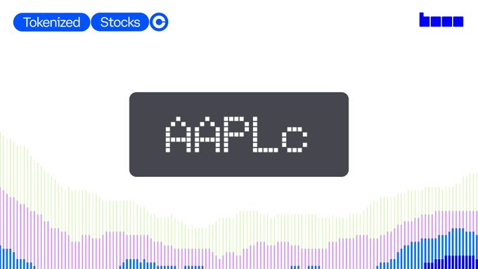 A pixelated display showing the ticker 'AAPL.o' with 'Tokenized' and 'Stocks' toggle buttons at the top and a colorful bar chart in the background.