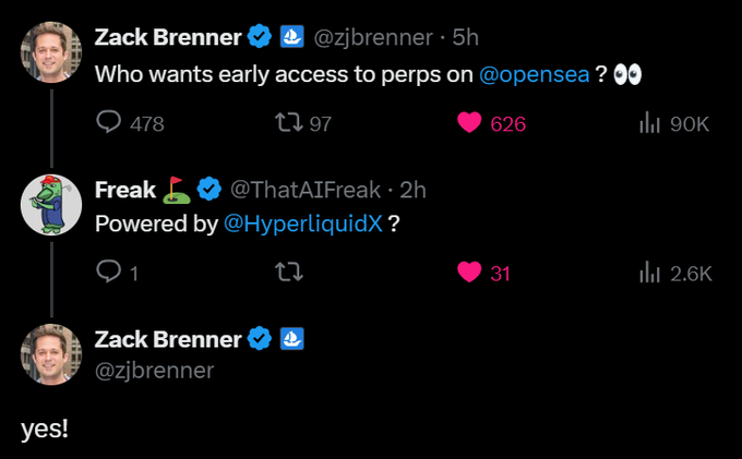 The image features a Twitter feed with three posts displayed, each containing a different person's name along with their Twitter handles. The first post has a man named Zack Brenner who wants early access to perps on Twitter. The second post has a woman named Freak who is powered by @AIfeek. The third post has a man named @Zibrenner who is interested in the #opensea hashtag and its followers.