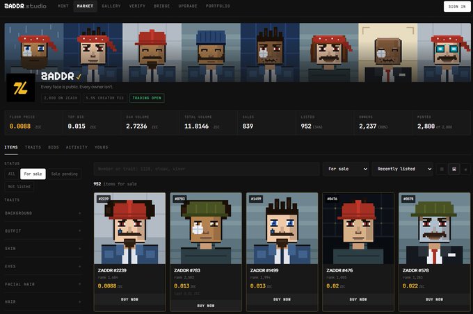 A screenshot of the BADDR Studio NFT marketplace displays pixel-art zombie characters with various attributes (skin, hair, eyes) and statistics like floor price and total volume.