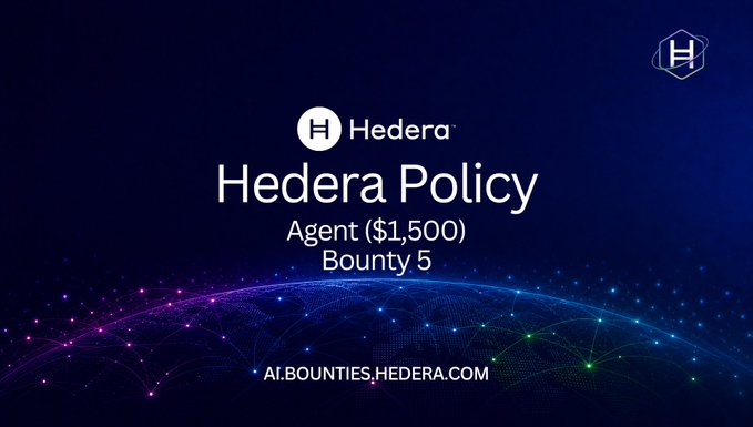 The image features a poster for an AI Studio Agent bounty that has the words "hedera" written across them. The poster displays an abstract map of planets with colorful dots representing stars, accompanied by a text that describes the project as being about AI. The poster also includes details on how to enter the challenge and the reward structure for completing it.