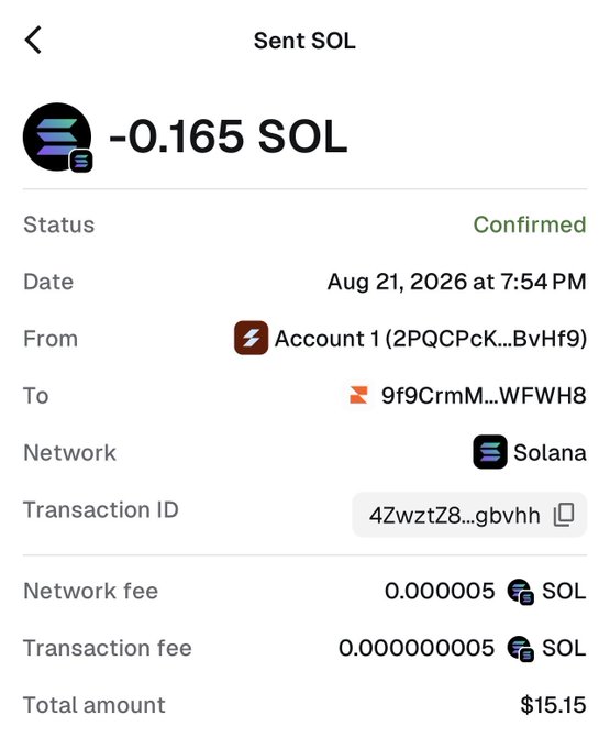 The image displays a confirmed transaction receipt showing 0.165 SOL (equivalent to $15.15) sent from "Account 1" to address starting "9f9CrmM" on the Solana network on August 21, 2026. This serves as proof of one of three $15 SOL giveaways distributed to the active followers mentioned in the accompanying post.