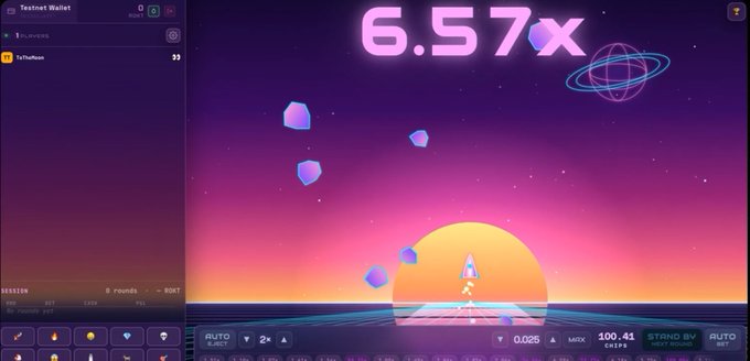 A retro-futuristic synthwave slot machine game with a '6.57x' multiplier displayed, showing 'Testnet Wallet' with 0.026 ETH and a $100.41 credit.
