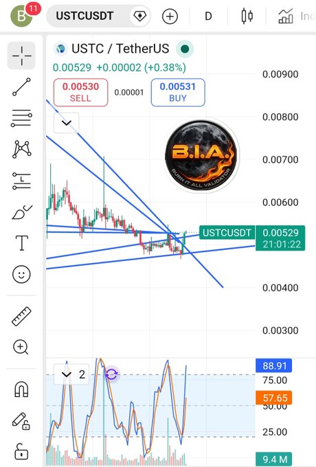 A trading chart for USTCUSDT (USTC/TetherUS) priced at 0.00529 (+0.38%), showing descending trendlines, candlestick pattern, and an RSI indicator at the bottom; a 'B.I.A.' logo is overlaid.