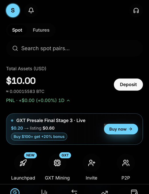 A mobile screenshot of a cryptocurrency trading app displays 'Total Assets (USD) $10.00'. It features a promotion for 'GXT Presale Final Stage 3 · Live' at $0.20.