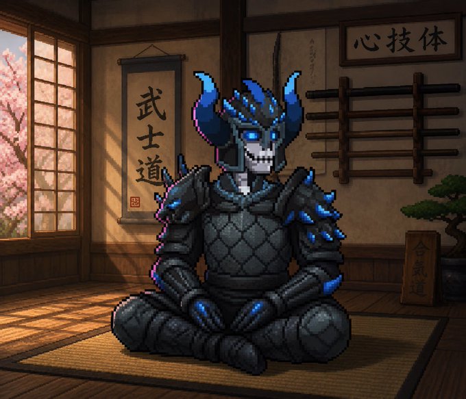 ikebana artist sits on a tatami mat, surrounded by a wooden room with a window and bamboo plant, while wearing a blue dragon helmet and armor.