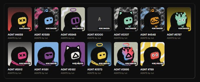 A grid of twelve "AGENTS by tut" NFT avatars titled "ROBINHOOD," each labeled with numbers like AGNT #4659, #2589, #848, #2000, and #2207.