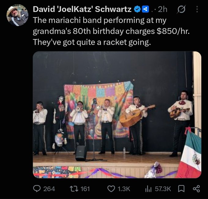 A tweet by David 'JoelKatz' Schwartz joking about a mariachi band charging $850/hr, showing a photo of the band performing with sombreros on the ground.
