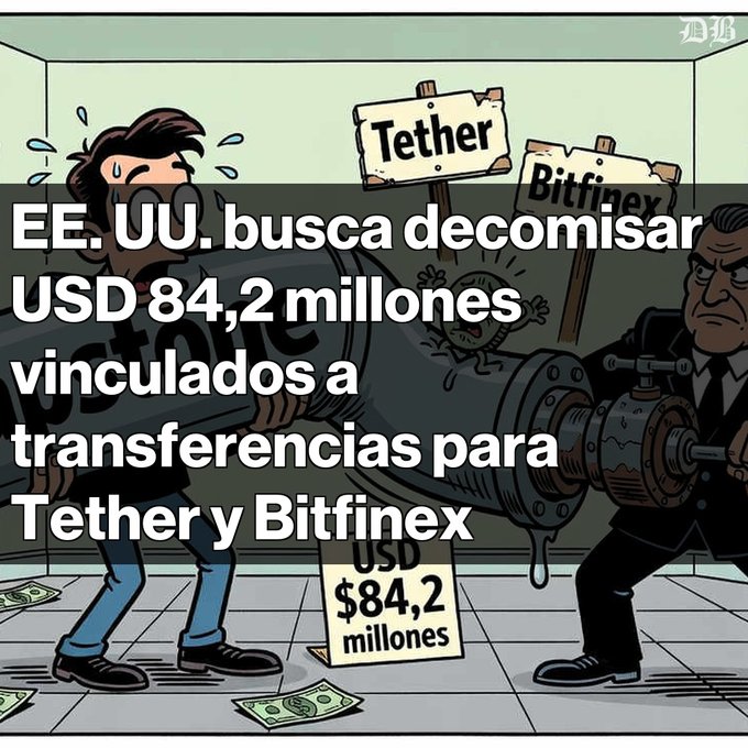 A cartoon illustration shows a sweating man being squeezed by Tether and Bitfinex figures for money, with Spanish text stating the US seeks to seize $84.2 million linked to Tether and Bitfinex transfers.