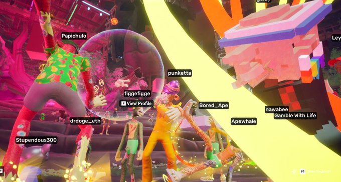 A vibrant, colorful virtual world scene from a metaverse platform showing multiple avatars with usernames displayed, including 'Papichulo', 'punktetta', 'figgefigge', 'Bored_Ape', 'Apewhale', 'nawabee - Gamble With Life', 'drdoge_eth', and 'Stupendous300'.
