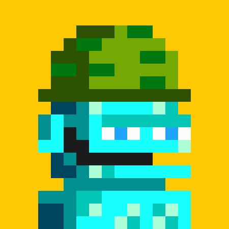 A pixel art character wearing a green camouflage helmet and light blue armor against a yellow background.