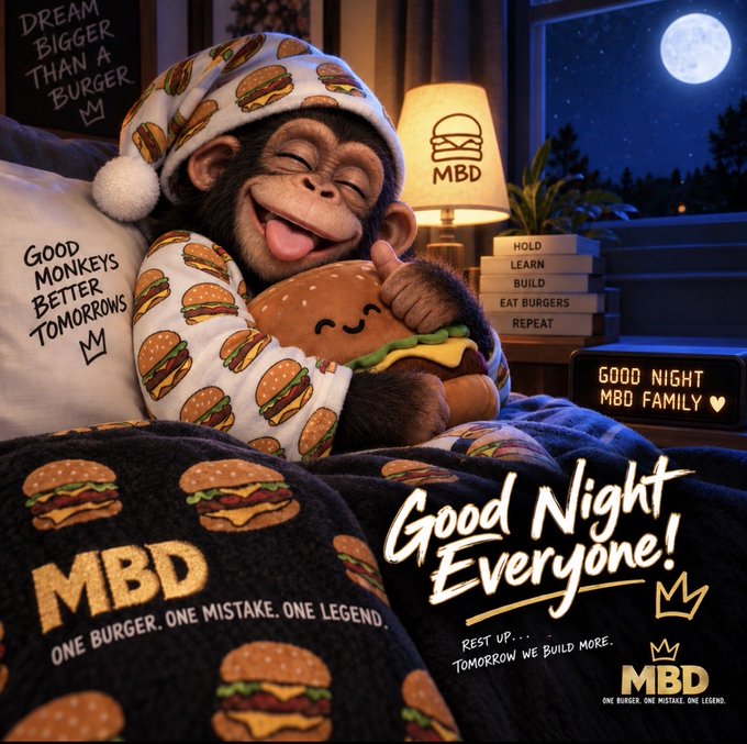 A promotional illustration for 'MBD' featuring a smiling chimpanzee in burger-patterned pajamas hugging a plush burger, with a 'Good Night Everyone!' message and 'One Burger. One Mistake. One Legend.' tagline.