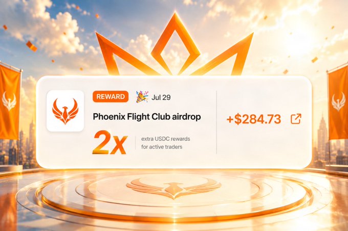 A promotional graphic for 'Phoenix Flight Club airdrop' showing a reward of +$284.73 with 2x extra USDC rewards for active traders, displayed against a bright sky background with phoenix emblems.