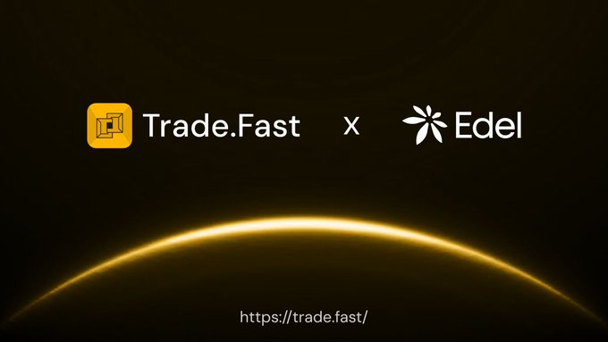 A sleek dark announcement graphic for a partnership between Trade.Fast and Edel, featuring a glowing golden horizon at the bottom.