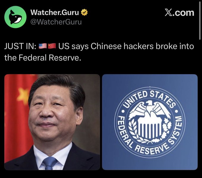 The image shows a tweet from Watcher.Guru reporting that the US claims Chinese hackers breached the Federal Reserve, accompanied by images of Xi Jinping and the Federal Reserve seal. This visual aligns with the post's narrative of a manufactured crisis to usher in a new financial system involving blockchain and XRP.