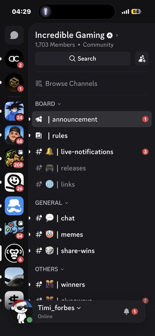 Mobile screenshot of a Discord server called 'Incredible Gaming' with 1,703 Members, showing various channels organized under Board, General, and Others categories including #announcement, #rules, #chat, and #memes.