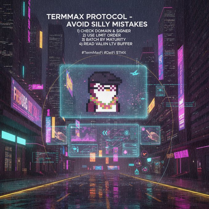 A cyberpunk-style promotional graphic for TERMMAX PROTOCOL titled 'AVOID SILLY MISTAKES' with bullet points about checking domain & signer, using limit orders, batching by maturity, and reading valin LTV buffer, tagged #TermMaxFi #DeFi $TMX.