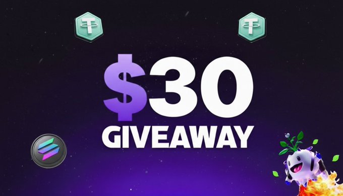 A promotional graphic featuring large text "$30 GIVEAWAY" with two Tether (USDT) icons, a Solana logo, and a cartoon character riding a rocket.