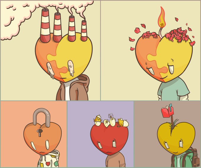 A five-panel illustration showing different heart-shaped characters with various features—smokestacks, rose petals, a padlock, hatching chicks, and a backpack—relating to the acquisition of 5 LT3 NFTs by @man_versus_coin.
