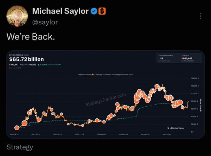 The image shows a tweet from Michael Saylor (@saylor) with the text "We're Back." alongside a Bitcoin Reserve Value chart from StrategyTracker displaying $65.72 billion with 840,447 BTC at $75,653. This aligns with the post's claim that Strategy ($MSTR) is hinting at additional Bitcoin purchases, with Saylor's announcement signaling a potential resumption of Bitcoin acquisitions following the recent price chart showing past purchase activity.