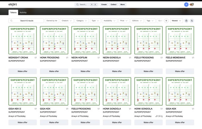 An OpenSea-style NFT marketplace showing a grid of 'SUPERPEPEPAINT' token listings by Arwyn of Flockalley, with names like MIDNIGHT CROAK, HONK FROGSONG, and NEON HOFLUM.