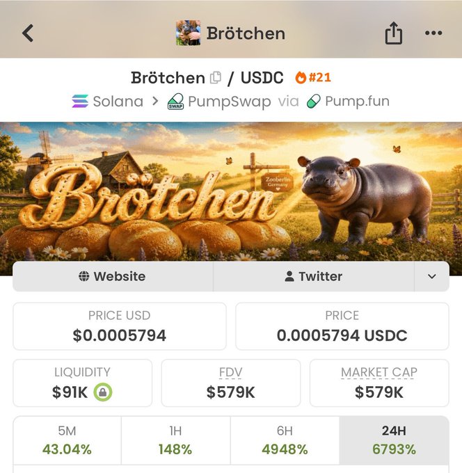 A screenshot of the $Brötchen/USDC token (rank #21) on Solana via PumpSwap/Pump.fun shows a price of $0.0005794, market cap of $579K, and explosive 24-hour gains of 6793%, with a banner featuring a hippo, bread rolls, and the word "Brötchen." The image illustrates the dramatic recent pump the post is citing to argue the meme coin deserves a $100M valuation, similar to its comparison token $MOODENG.