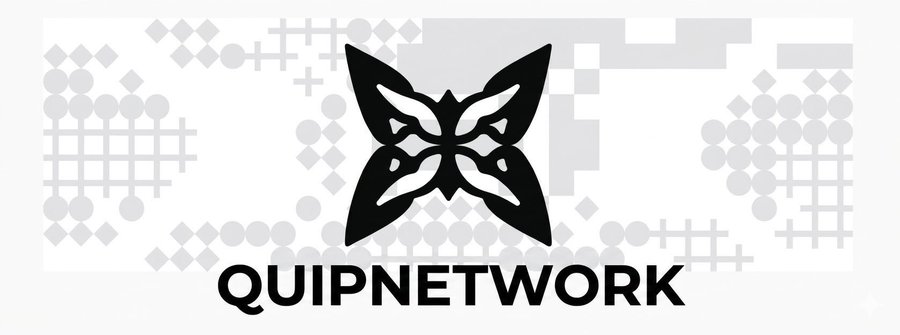 The logo for 'QUIPNETWORK' features a black, symmetrical geometric emblem resembling a stylized butterfly or mask against a light patterned background.