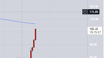 The image shows a candlestick chart with a price level around $115.85 displayed, alongside Japanese trading interface text and timestamps at 19:15:27, illustrating the price movement of the SUI cryptocurrency as it approaches a notable level mentioned in the caption.