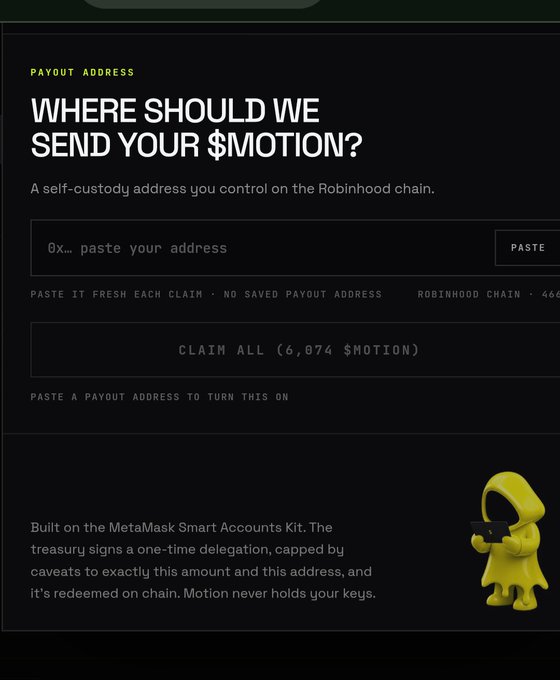 A crypto claim interface asking 'WHERE SHOULD WE SEND YOUR $MOTION?' with a payout address field and a 'CLAIM ALL (6,074 $MOTION)' button, built on the MetaMask Smart Accounts Kit.