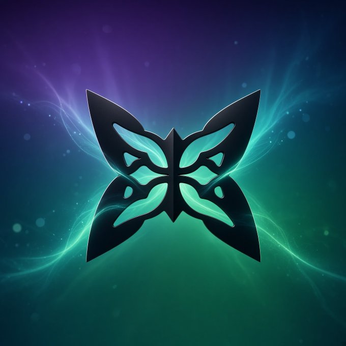 A glowing teal and black butterfly emblem or mask design against a purple and green nebulous background.
