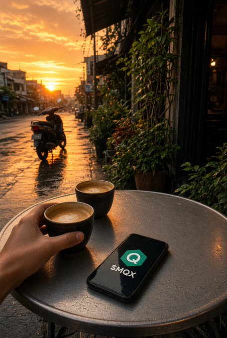 A scenic sunset view over a wet street with a motorbike and plants. In the foreground, a hand holds a coffee cup next to another cup and a smartphone displaying a green icon with 'Q' and the text '$MQX'.