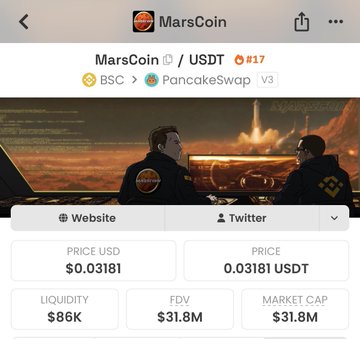 This image shows the MarsCoin cryptocurrency's details on PancakeSwap, displaying its price as $0.03181 USDT and market cap of $31.8M. The accompanying post contrasts "$marscoin" with "$mooncoin" and provides a contract address.