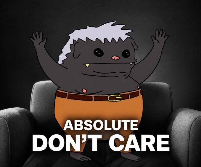A cartoon illustration depicts a gray creature with white hair and brown pants standing with arms raised, with the text "ABSOLUTE DON'T CARE" overlaid.
