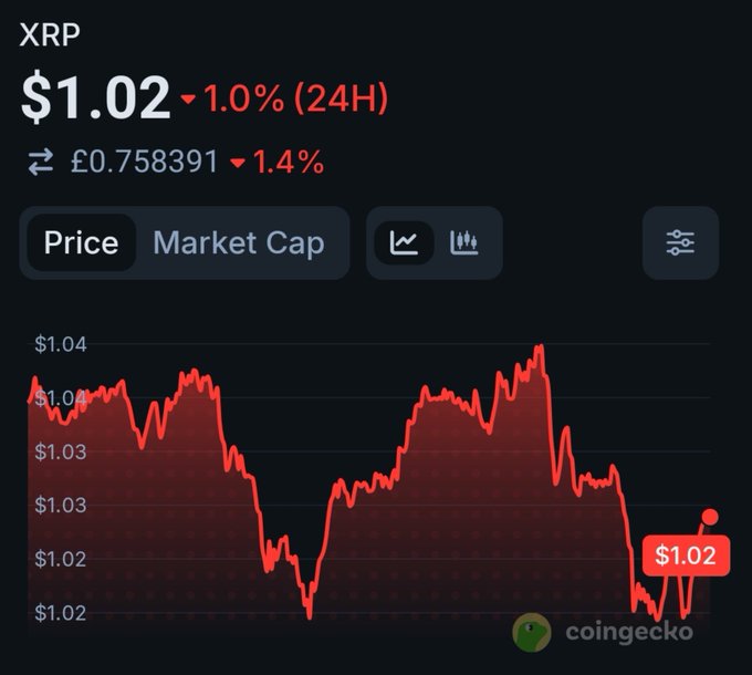 A CoinGecko price chart shows XRP trading at $1.02 (£0.758391), down 1.0% over 24 hours, with the graph displaying volatile swings between roughly $1.02 and $1.04. The image's downward 24-hour trend and lingering price action visually echo the post's frustration about XRP being stuck in "limbo."