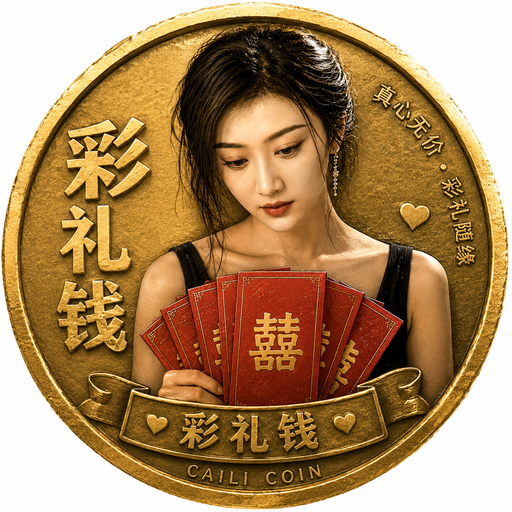 A commemorative-style betrothal coin features a young woman holding red envelopes inscribed with the "囍" (double happiness) character, surrounded by Chinese text reading "彩礼钱" (Caili Coin/bride price money) and "CAILI COIN" at the bottom, visually reinforcing the meme's theme about paying the bride price. The romantic imagery of the traditional Chinese wedding symbol serves as the rallying point for a crypto community ("Have you paid the bride price? Real man!") tied to the CA token at contract address 0xeb9e768c42d6f5b08d34980c6f721494372a7777.