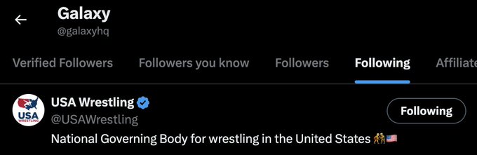 A Twitter/X profile page for 'Galaxy' (@galaxyxhq) showing the 'Following' tab with USA Wrestling (@USAWrestling) listed as a followed account.