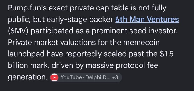 The image displays text stating that "Pump.fun's exact private cap table is not fully public, but early-stage backer 6th Man Ventures (6MV) participated as a prominent seed investor," with private market valuations reportedly exceeding $1.5 billion. The screenshot ties to the accompanying post by highlighting 6th Man Ventures' investment in Pump.fun, apparently to draw a connection between the criticized VC and the memecoin launchpad.