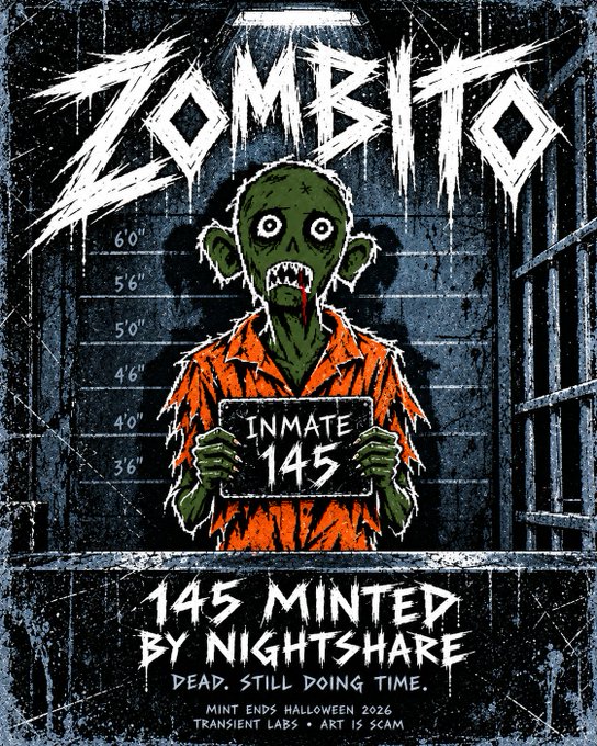 A horror-comic style Zombito graphic shows a green inmate holding a “INMATE 145” placard and reads “145 MINTED BY NIGHTSHARE,” “DEAD. STILL DOING TIME.” and “MINT ENDS HALLOWEEN 2026.”