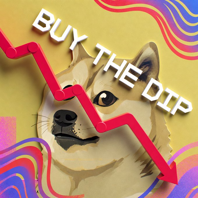 A stylized illustration of a Shiba Inu dog overlaid with text reading 'BUY THE DIP' and a red downward-trending arrow chart, set against a yellow background with colorful psychedelic swirls.