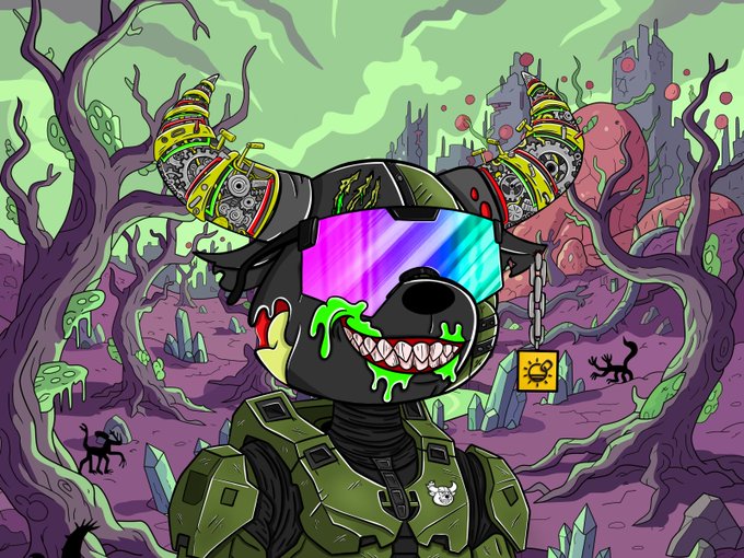 A digital illustration of an anthropomorphic black dog wearing futuristic tactical gear, a rainbow visor, and large mechanical ears, set against a spooky green and purple background.