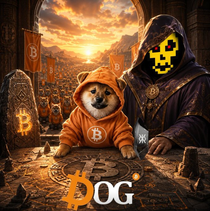The image features a dog wearing an orange hoodie, sitting at a table with a banner that says "DOG" above its head. The background shows a sunset over mountains, creating a serene atmosphere. In the bottom right corner of the image, there is text that reads "Being here ( $DOG Bitcoin ) is available to everyone. 
$DOG is an asset created on the BTC network. $DOG Bitcoin) wasn't created to enrich the project owner/developer. ( $DOG Bitcoin) was created for the people."