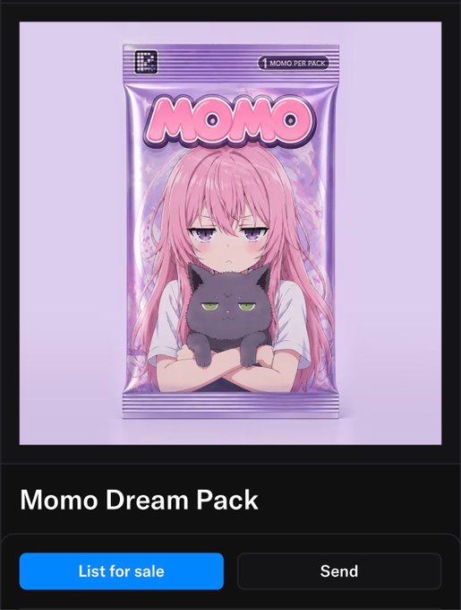 This image displays a "Momo Dream Pack" NFT featuring anime-style art of a girl and a cat, aligning with the post's mention of "MOMO" and NFTs.