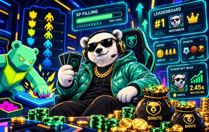 A digital illustration of a panda character wearing sunglasses and a teal jacket, holding playing cards and surrounded by stacks of chips and money bags marked "$MNTD", with gaming UI elements like "XP FILLING", "LEADERBOARD #1 MINTABEAR", "CASINO", "SPORTS", and "STAKED NFT BEAR 2.45X".