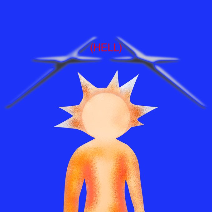 A digital illustration on a bright blue background depicting a glowing orange humanoid figure with a spiky sun-like head, beneath the text "(HELL)" surrounded by dark angular shapes.